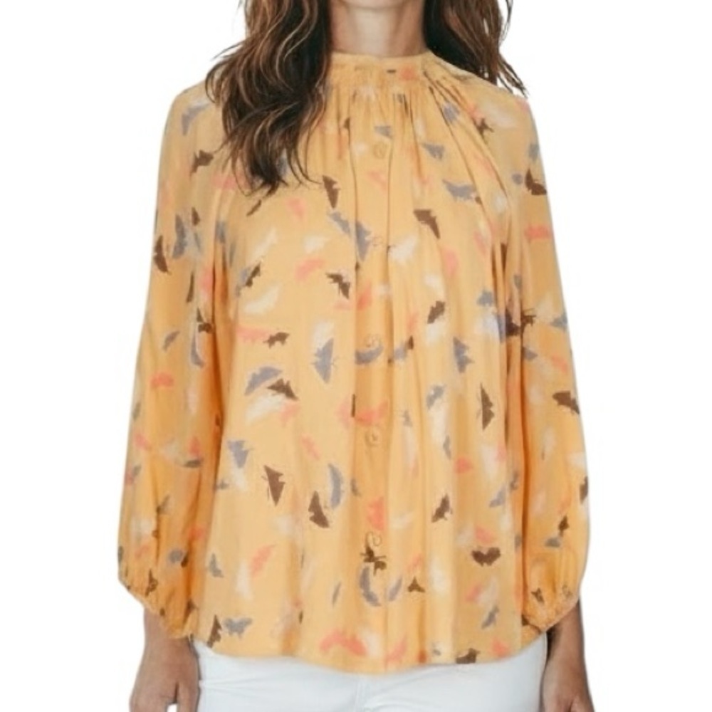 TUCKER Yellow Butterfly Pattern Button Front Elastic Neckline Blouse Size Small